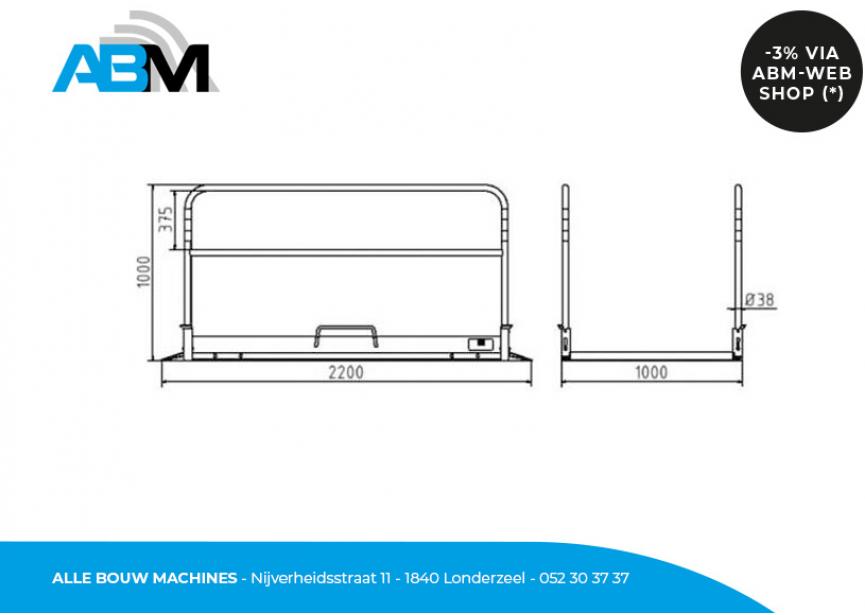 Tekening van de aluminium loopbrug met leuningen en afmetingen 2,30 x 1 meter bij Alle Bouw Machines (ABM).
