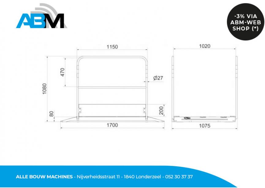 Dessin de la passerelle en plastique/acier avec des garde-corps et dimensions 1,70 x 1 mètre chez Alle Bouw Machines (ABM).