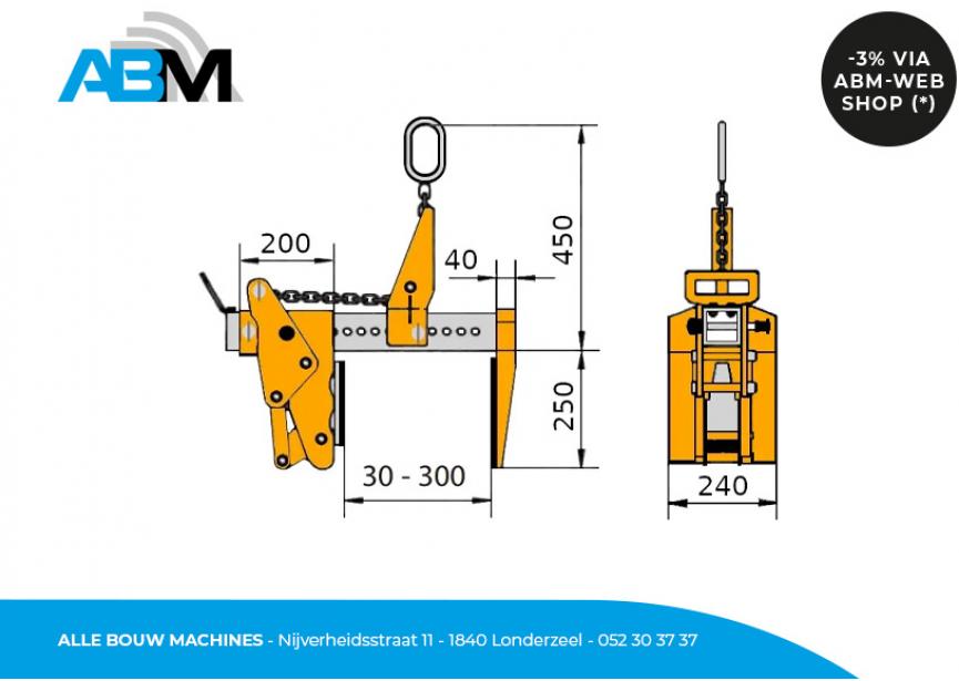 Tekening met afmetingen van de mechanische grijper FGS 1,5-30 van Wimag bij Alle Bouw Machines (ABM).