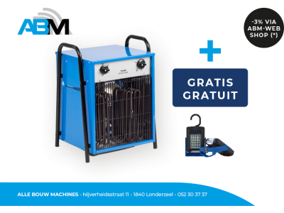 Elektrische verwarmer/bouwkachel DEH15 van Dryfast bij Alle Bouw Machines (ABM) met gratis zaklamp.
