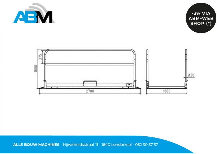 Tekening van de aluminium loopbrug met leuningen en afmetingen 2,80 x 1 meter bij Alle Bouw Machines (ABM).
