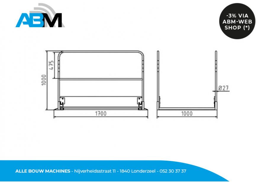 Tekening van de houten loopbrug met leuningen en afmetingen 1,70 x 1 meter bij Alle Bouw Machines (ABM).