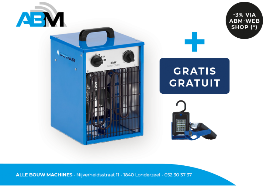 Elektrische verwarmer/bouwkachel DEH3 van Dryfast bij Alle Bouw Machines (ABM) met gratis zaklamp.