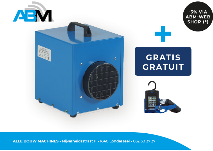 Elektrische verwarmer/bouwkachel DFE25T van Dryfast bij Alle Bouw Machines (ABM) met gratis zaklamp.