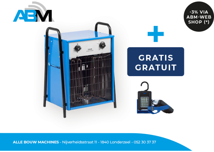 Elektrische verwarmer/bouwkachel DEH22 van Dryfast bij Alle Bouw Machines (ABM) met gratis zaklamp.