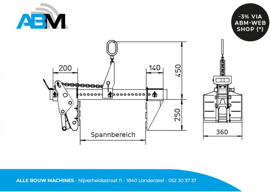Tekening met afmetingen van de mechanische grijper FGB 1,5-50 van Wimag bij Alle Bouw Machines (ABM).